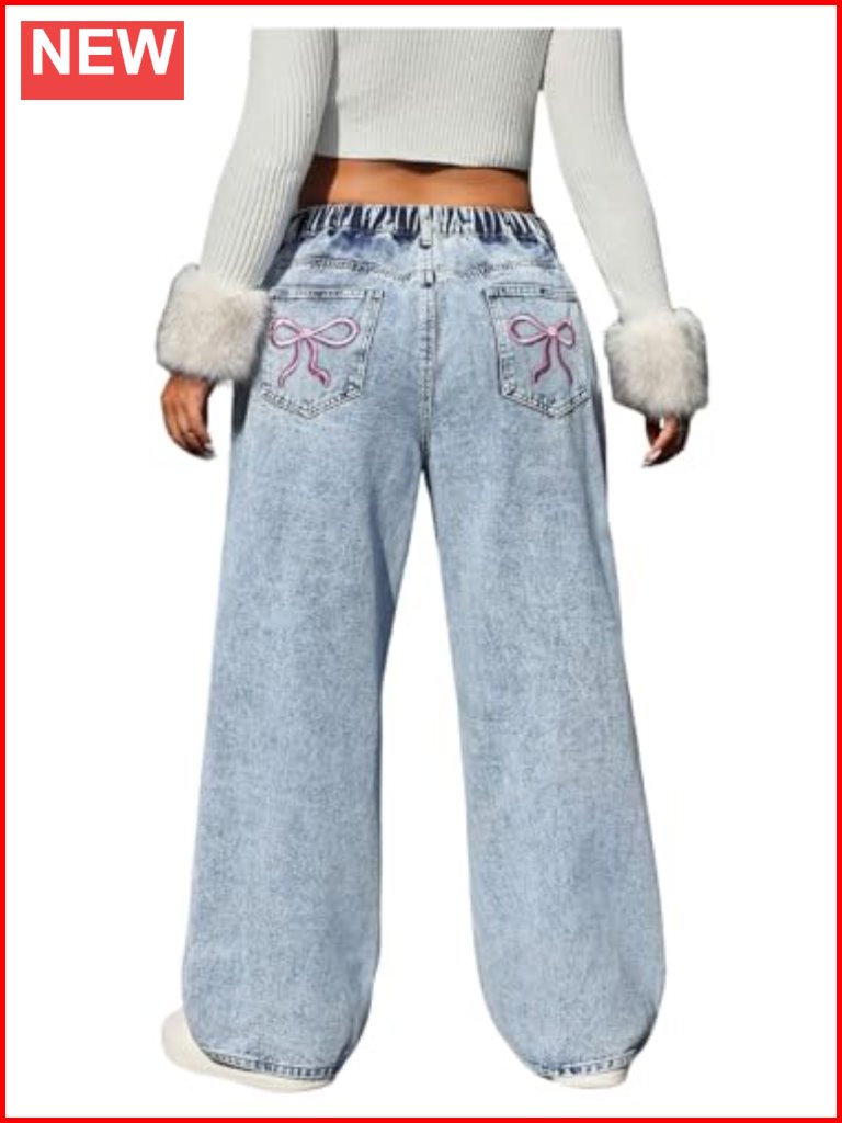 Plus Size Wide Leg High Rise Bow Embroidered Y2k Denim Jeans